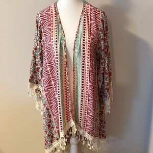 Design Lab Bohemian Multicolor Kimono with Fringe. Size Medium
